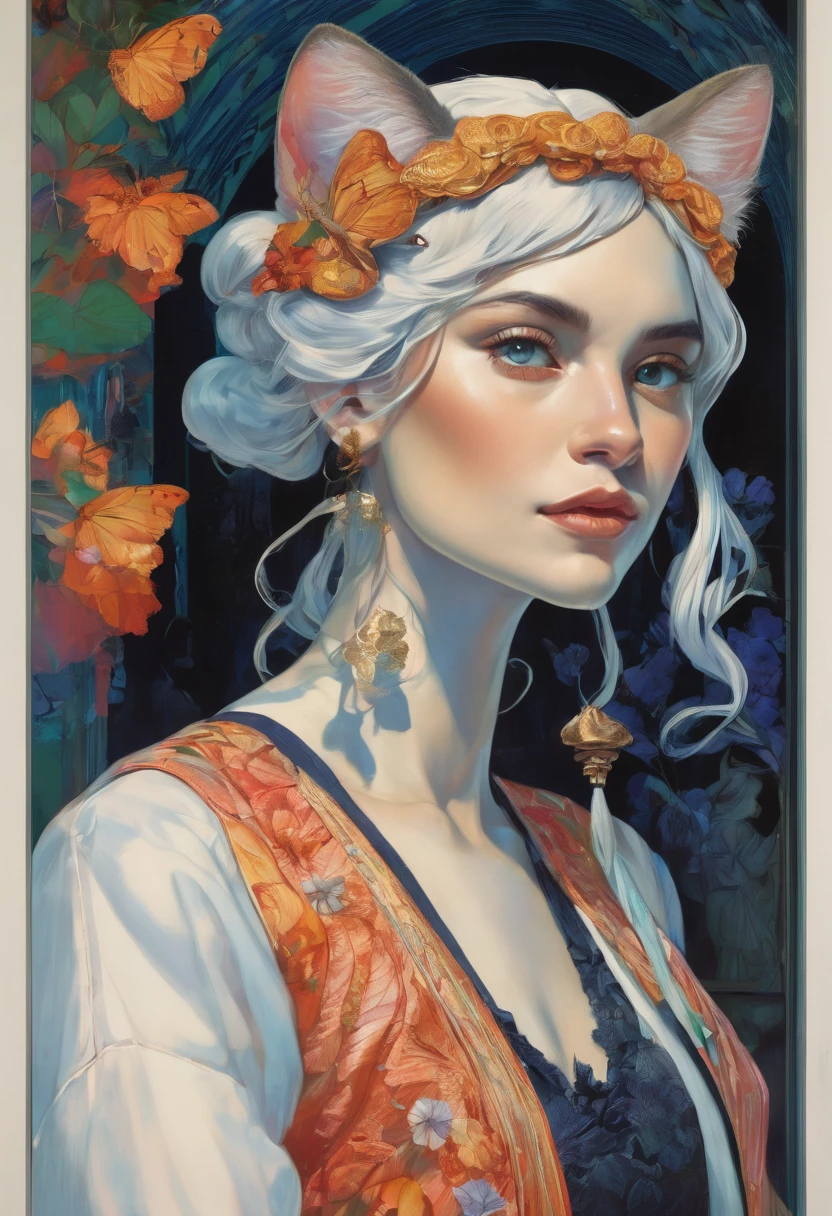 (front focus), (in the dark:1.6), Surrealistic Portraits of Women by David Hockney and Alphonse Mucha, fantasy art, Realistic photos, dynamic light, art station, poster, Volumetric light, Very detailed face, 4 ก, won, 1 girl, in the dark, deep shadow, low voice, wearing cat ears, (formal clothes:1.4), long hair, white hair, Have a bitcoin coin in hand, holding a large spoon