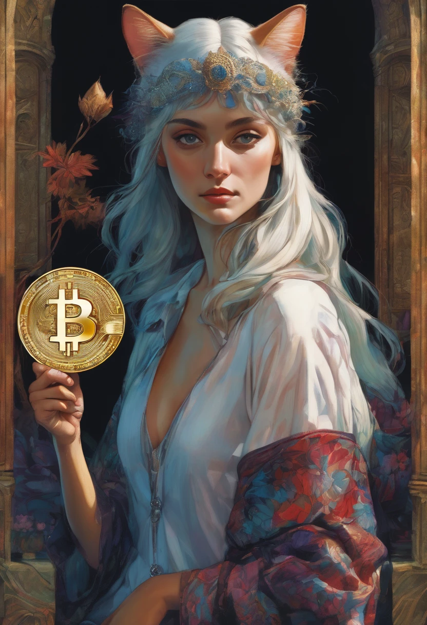 (front focus), (in the dark:1.6), Surrealistic Portraits of Women by David Hockney and Alphonse Mucha, fantasy art, Realistic photos, dynamic light, art station, poster, Volumetric light, Very detailed face, 4 ก, won, 1 girl, in the dark, deep shadow, low voice, wearing cat ears, (formal clothes:1.4), long hair, white hair, Have a bitcoin coin in hand, holding a large spoon
