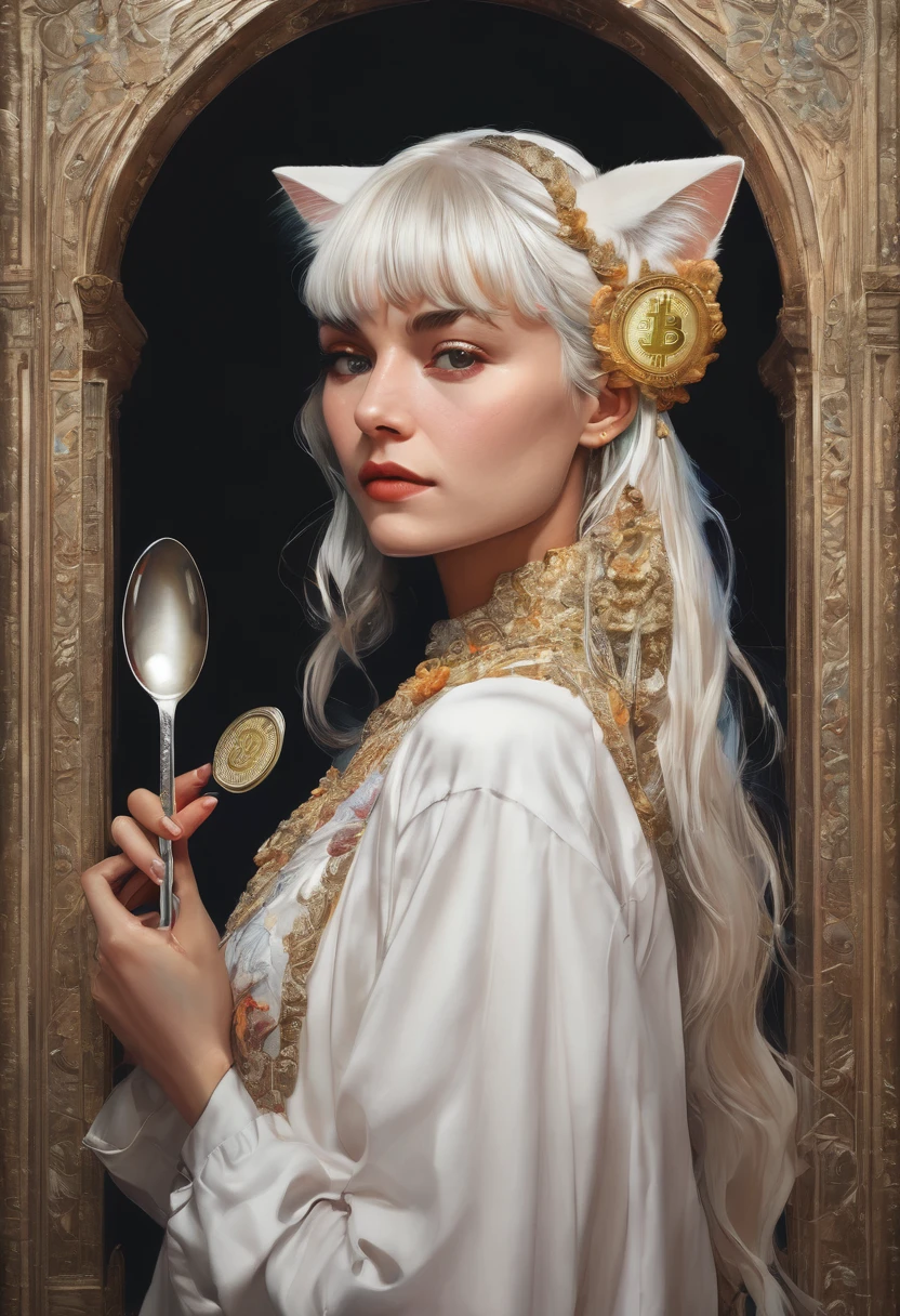 (front focus), (in the dark:1.6), Surrealistic Portraits of Women by David Hockney and Alphonse Mucha, fantasy art, Realistic photos, dynamic light, art station, poster, Volumetric light, Very detailed face, 4 ก, won, 1 girl, in the dark, deep shadow, low voice, wearing cat ears, (formal clothes:1.4), long hair, white hair, Have a bitcoin coin in hand, holding a large spoon