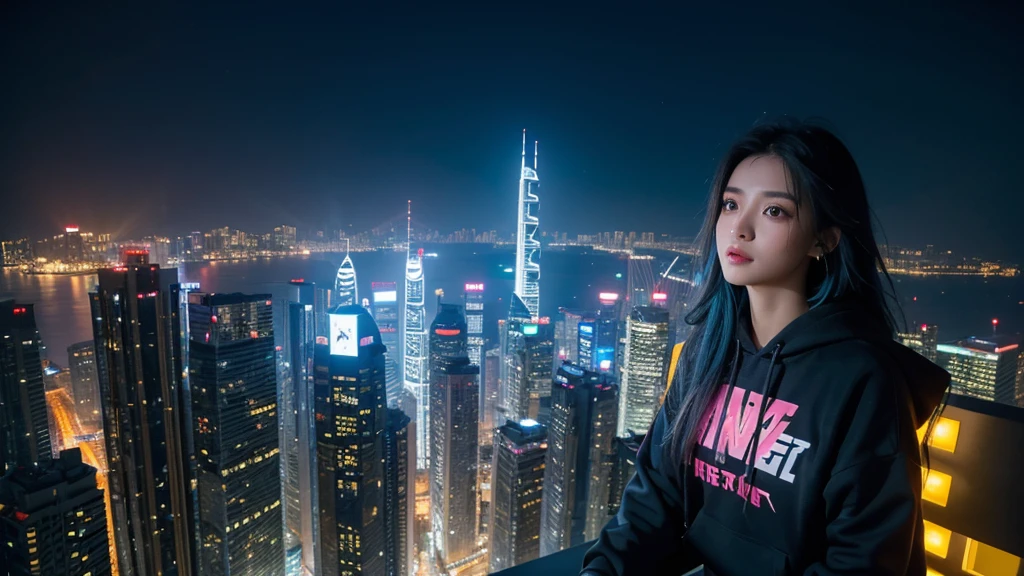(tmasterpiece), Best quality at best, Ultra-high resolution,, Cyberpunk 1girl flies over stunning cityscapes ,hoody,Blue hair, neon colored meteor, Very long hair, cropped shoulders, feathers hair ornament, neon colored, Twinkle, stunning night sky, light, realisticlying, realisticing skin, HighDynamicRange,fish eye, chill, Hongkong city, có lá cờ việt nam đằng sau 