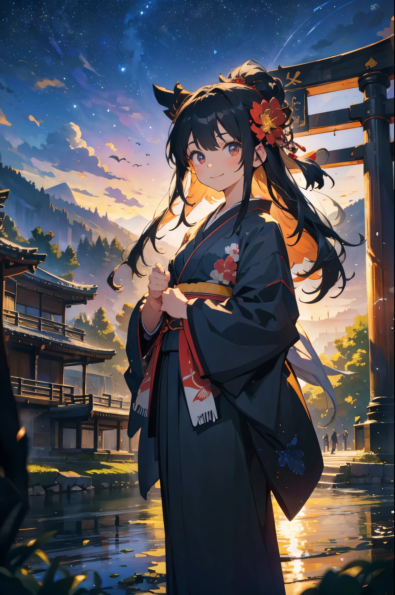 (masterpiece), (high resolution 8K), professional illustration,(1 girl:1.3), late teenage, standing, thigh focus, dutch angle, japanese clothes, kimono, hair ornament, long hair, smile, looking up, shrine, temple, torii, beautiful starry sky, night,natural lighting, high contrast, stunning face, symmetrical clear eyes, detailed eyes and face, detailed skin