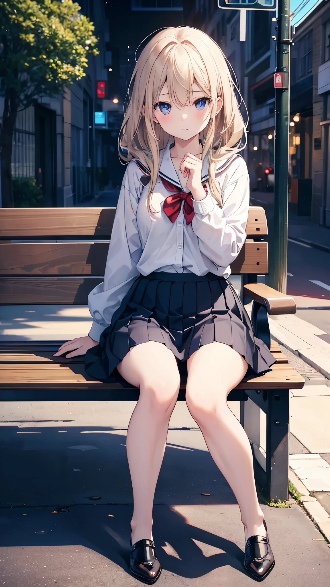 Anime girl sitting on a bench with her legs crossed、moving her center of gravity back, Put your hands forward from both feet, Put both feet in the circle of hands, Quite embarrassing, , Thin legs, Tight Skirt, 90 degree knee, Place your heels on the ground, Hands in front of feet, Hold my feet, Kneel, Sidewalk, RAW Photos, 8K, Highest quality, Ultra-high resolution, Beautiful face details, Real human skin, Gentle expression, Front view, Angle from below, Long Hair, Realistic, Realistic, cute, Short skirt, Lurking deep in the city, cute女子高生, School uniform, whole body,Five perfect fingers,Perfect Legs,