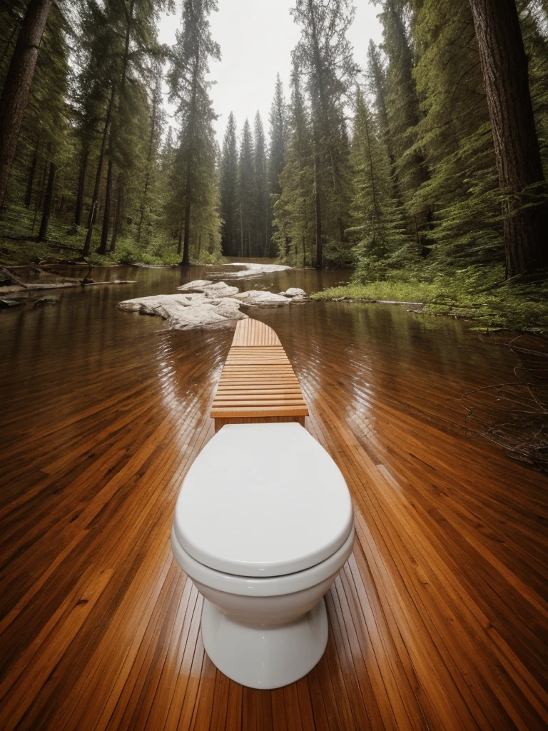 A toilet is placed in the deep forest where the river runs through.,The toilet seat is made of wood grain,The main body is made of white ceramic,Modern style,Hyperrealism