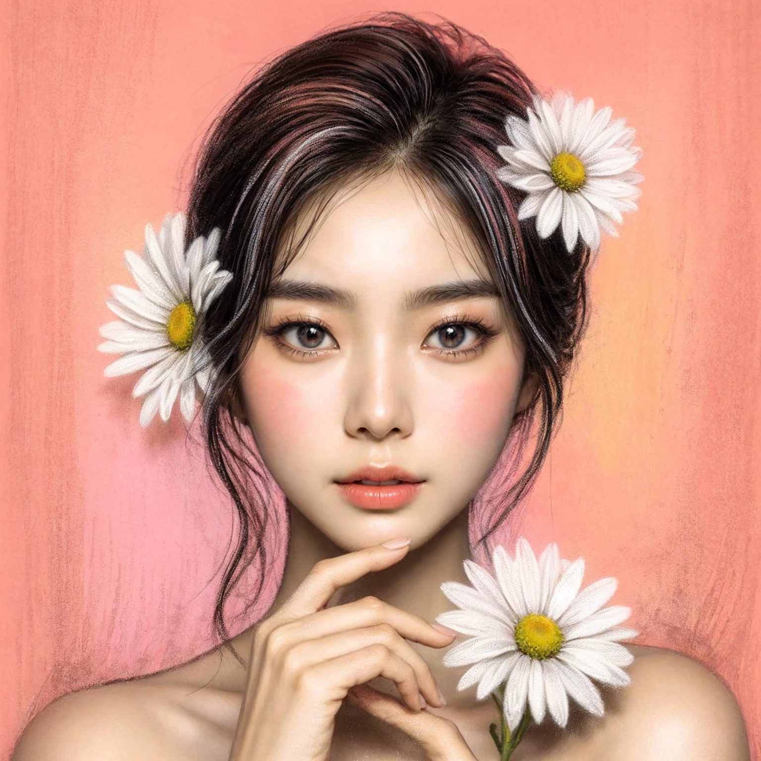 korean women, chalk portrait of a beautiful fairy, with flawless skin, and a daisy, complementary colours, artistic, painterly.