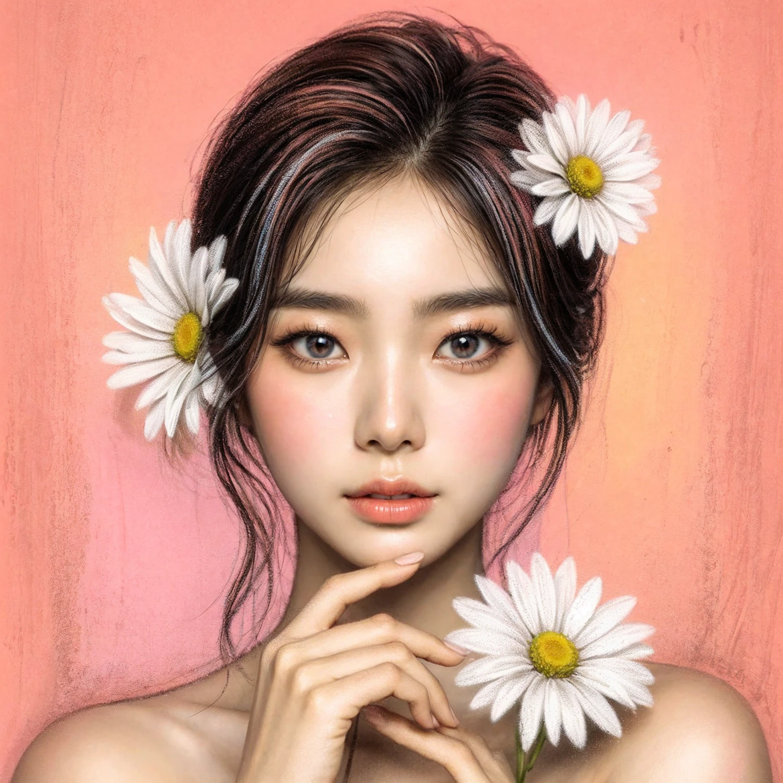 korean women, chalk portrait of a beautiful fairy, with flawless skin, and a daisy, complementary colours, artistic, painterly.
