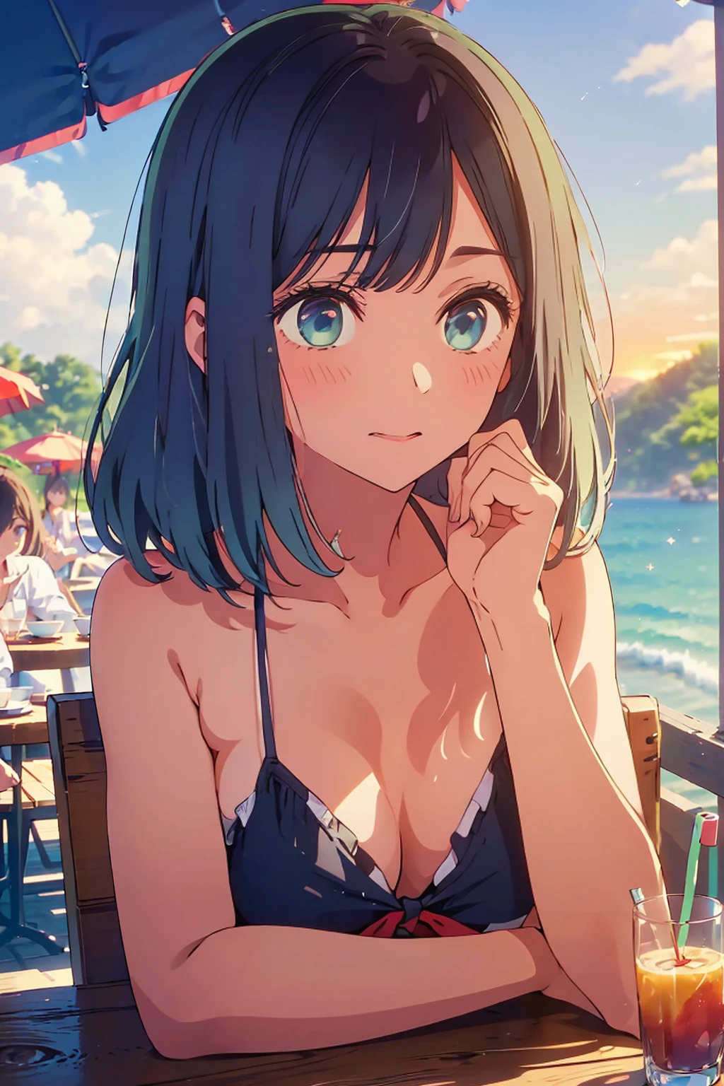 (Highest quality:1.4、masterpiece:1.4、Super detailed:1.4、8K:1.4)、F cup bust、Big Breasts、Slim body、((((1 person、sit、Outdoor café terrace、coastal、Navy hair color、juice、table、Sandy Beach、sunset、Sunset、Sunset、bikini、juiceのグラスを持つ、Very cute face))))、Big eyes、((((Shallow depth of field))))