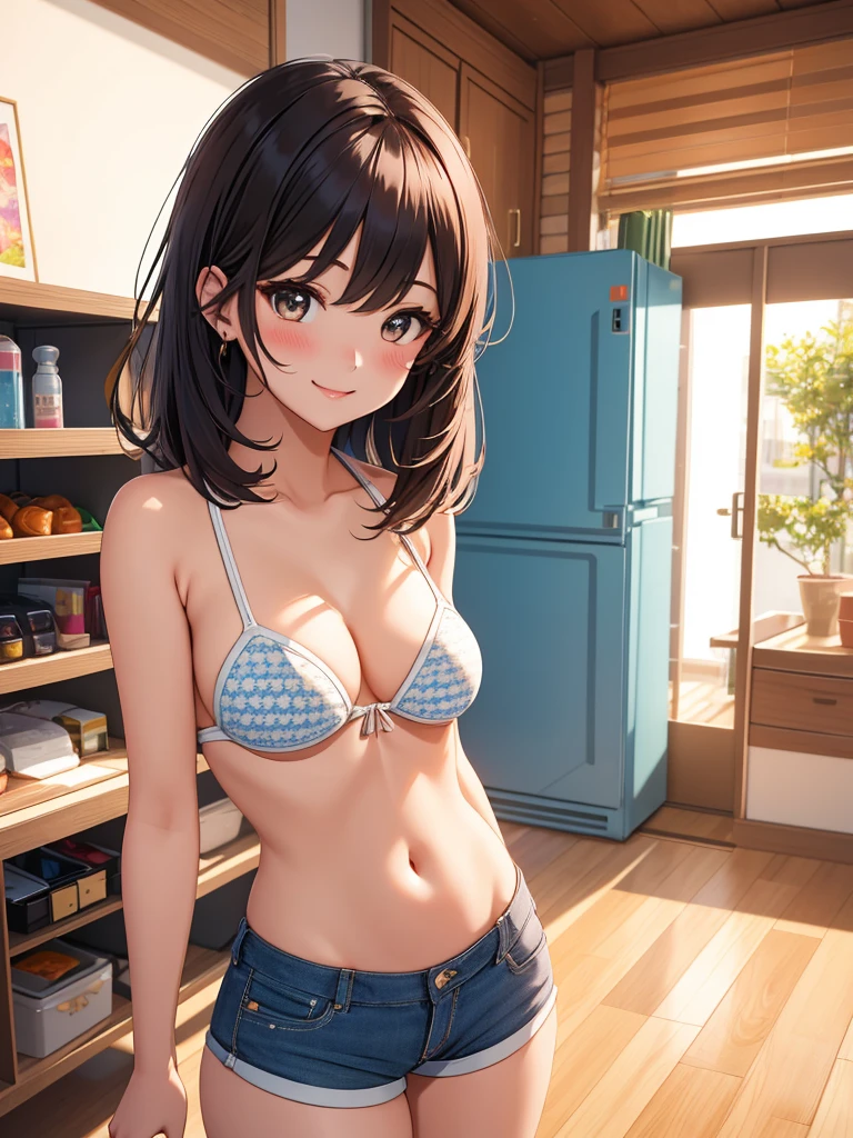 best quality, 1girl, masterpiece ultra detailed, illustration, glossy lips, indoors, standing, (hot short shorts, micro_shorts, bikini top), light smile, looking back at viewer