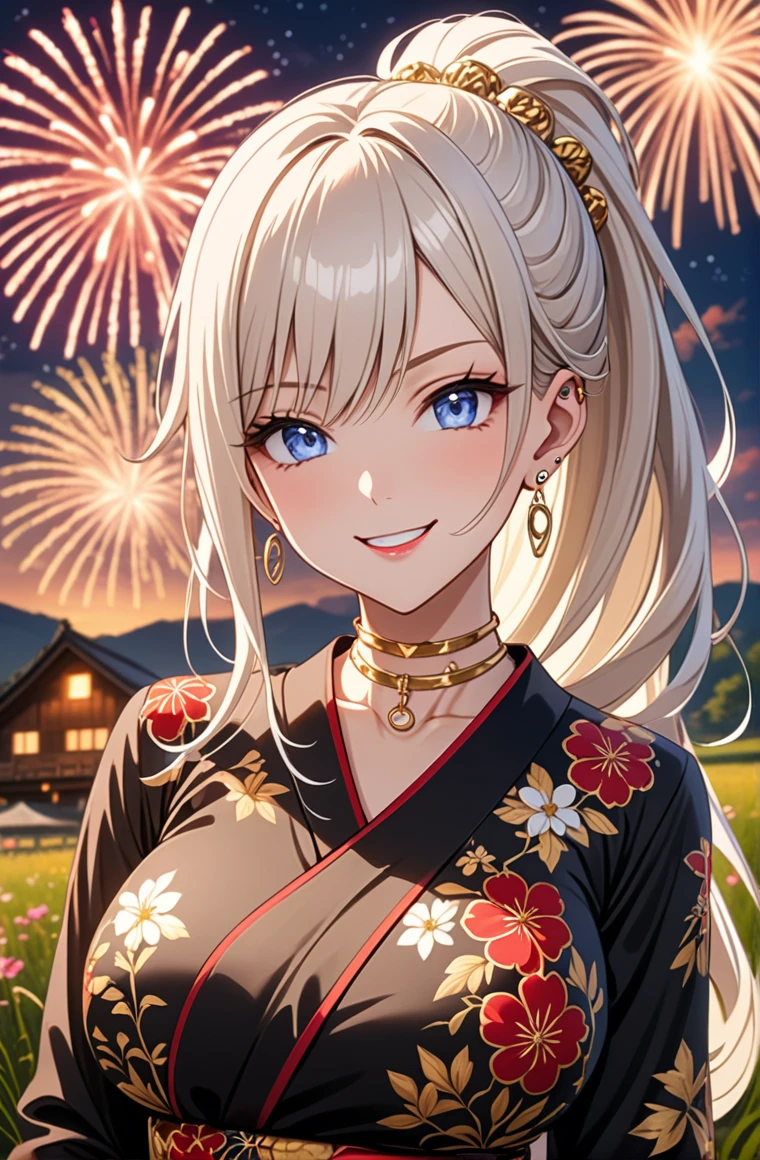 ((One personの女性)), Pretty face, Beautiful Face, (Laughing embarrassedly), (smirk:1.4), ((Wink:1.3)), (head tilt:1.3), Laugh with your mouth wide open, upper teeth, looking at viewer, ((full-face brash:1.5)), Glossy Red Lips, ((Big Breasts:1.4)), night,Rural landscape, firework, Glossy Red Lips, (Shining Face), ((Anime style background)),masterpiece, Highest quality, so beautiful,up to date, Complex details, (Pink long nails), (nail art), (Gold Ring),(Gold bracelet),(Gold floral choker), (helix piercing:1.7), AI-generated, Complex,High resolution, Highest quality, super high quality,3D Images、3D Images,One person,Long white hair,High Ponytail, Anime woman posing for a photo, ((silver eyes:1.6)), ((Fine grain、blue eyes、Shining Eyes:1.3)), (Squint your eyes:1.1),a hyperRealistic , hyperRealistic , Realistic,Anime woman with long white hair, Smooth anime CG art, (A woman in a colorful kimono with gold embroidery), ((Black long sleeve kimono:1.3)), Red floral pattern,(Long flower hair ornament),Floral Earrings,Mature Body,Abdominal muscles,Tight waist, ((Zoom in on face:1.6)),
