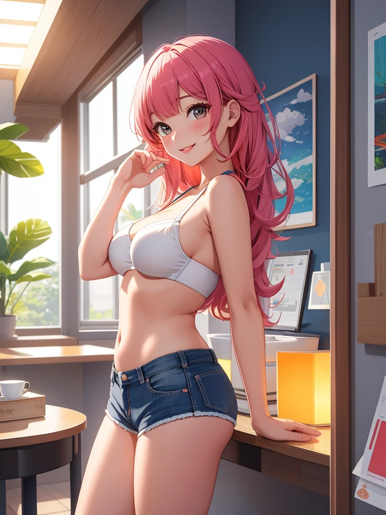 best quality, 1girl, masterpiece ultra detailed, illustration, glossy lips, indoors, standing, (hot short shorts, micro_shorts, bikini top), light smile, looking back at viewer