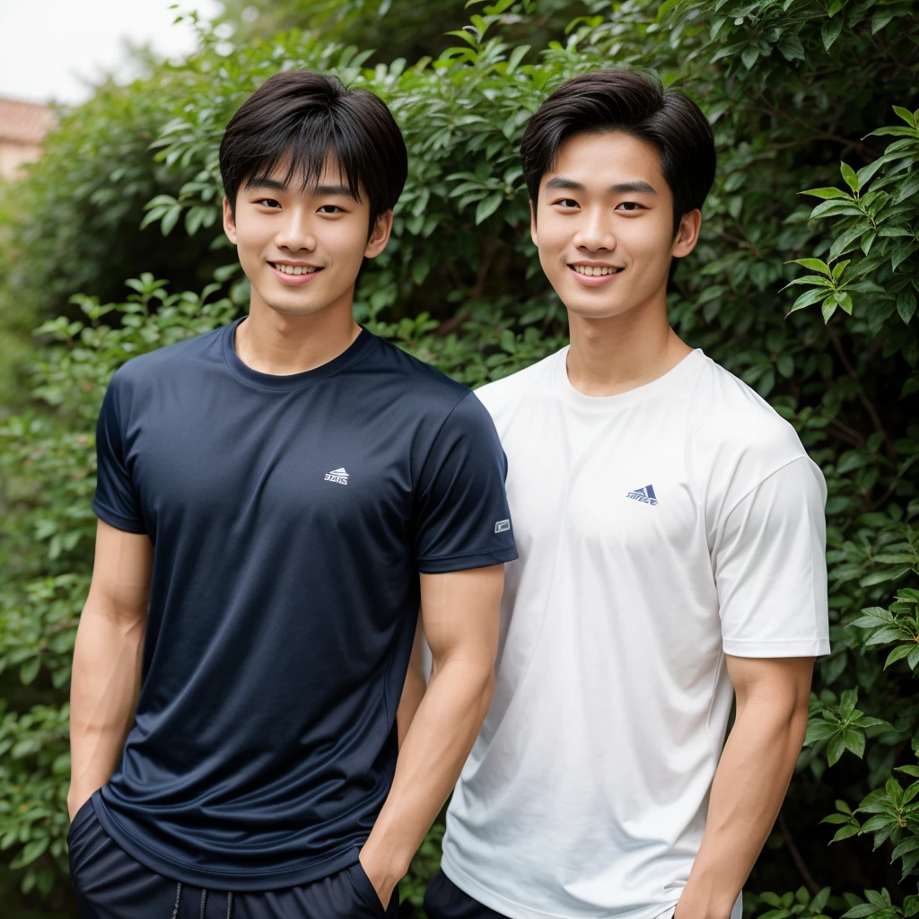 独奏: 1.5, (As a matter of fact, Masterpiece, 8k HD, good light quality, sportswear, fit the face, complicated details), A handsome, muscular young Korean man. , 20 years old, be happy, smile brightly, detailed face, delicate eyes, มองดูsky, Wear a navy tight T-shirt.:1.6, period, black eyes, Black hair color, ผมsmooth, smooth, outdoor sports, Along the garden, Sunny,sky,Surreal,Awesome details,Highest quality,real,Open your mouth to talk. , Close your eyes.