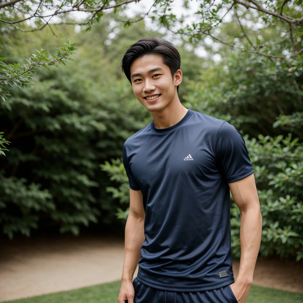 独奏: 1.5, (As a matter of fact, Masterpiece, 8k HD, good light quality, sportswear, fit the face, complicated details), A handsome, muscular young Korean man. , 20 years old, be happy, smile brightly, detailed face, delicate eyes, มองดูsky, Wear a navy tight T-shirt.:1.6, period, black eyes, Black hair color, ผมsmooth, smooth, outdoor sports, Along the garden, Sunny,sky,Surreal,Awesome details,Highest quality,real,Open your mouth to talk. , Close your eyes.