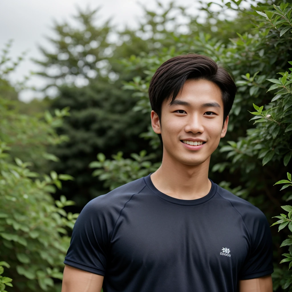 独奏: 1.5, (As a matter of fact, Masterpiece, 8k HD, good light quality, sportswear, fit the face, complicated details), A handsome, muscular young Korean man. , 20 years old, be happy, smile brightly, detailed face, delicate eyes, มองดูsky, Wear a navy tight T-shirt.:1.6, period, black eyes, Black hair color, ผมsmooth, smooth, outdoor sports, Along the garden, Sunny,sky,Surreal,Awesome details,Highest quality,real,Open your mouth to talk. , Close your eyes.