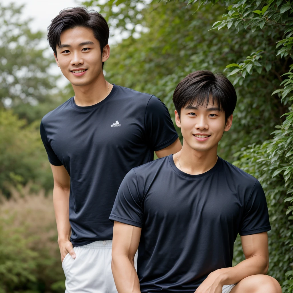 独奏: 1.5, (As a matter of fact, Masterpiece, 8k HD, good light quality, sportswear, fit the face, complicated details), A handsome, muscular young Korean man. , 20 years old, be happy, smile brightly, detailed face, delicate eyes, มองดูsky, Wear a navy tight T-shirt.:1.6, period, black eyes, Black hair color, ผมsmooth, smooth, outdoor sports, Along the garden, Sunny,sky,Surreal,Awesome details,Highest quality,real,Open your mouth to talk. , Close your eyes.