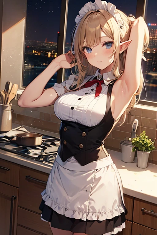 A maid, (in kitchen), various hair styles, night, details face, short skirt, seducing, sleeveless, maid uniform, armpits, elf