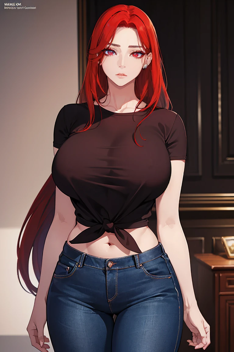 (Uhd, Masterpiece, Textured Skin, Super Detail, High Details, High Quality, Best Quality), Detailed Face, 1woman, mature pretty woman, (Tied red hair:1.5), (Black Cropped Shirt), (Jeans pants), (Huge Body:1.5), standing