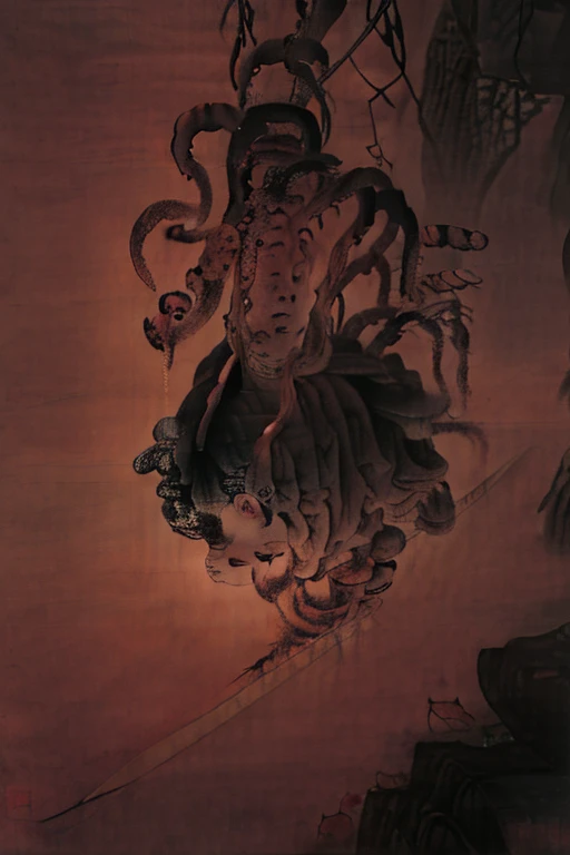 The sky twisted into a gray abyss，A huge weird terrifying red pupil made of tentacles stares at the screen in the abyss，Surrounded by pieces of black abyss and blood-red suns that are spinning and merging