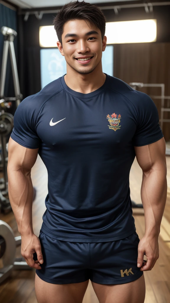 ((Highest quality, 8K, Masterpiece: 1.3))、Thailand Laos Burma Asia, Thai man, A handsome Asian rugby player with short hair, a muscular beard, and big muscles., 1A man who has、 yo、Good appearance、Beautiful nose、smile、 Detailed eyes and face、beautiful light、(studio)、high resolution、(Look at the viewer.)、Fine mouth、smile、whole body: 1.5, perfect shape: 1.3, Picture of both shoulders:1.3, Navy blue round neck t-shirt:1.5