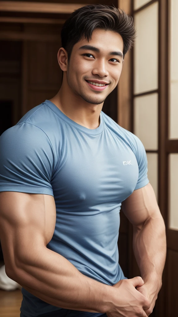 ((Highest quality, 8K, Masterpiece: 1.3))、Thailand Laos Burma Asia, Thai man, A handsome Asian rugby player with short hair, a muscular beard, and big muscles., 1A man who has、 yo、Good appearance、Beautiful nose、smile、 Detailed eyes and face、beautiful light、(studio)、high resolution、(Look at the viewer.)、Fine mouth、smile、whole body: 1.5, perfect shape: 1.3, Picture of both shoulders:1.3, Navy blue round neck t-shirt:1.5