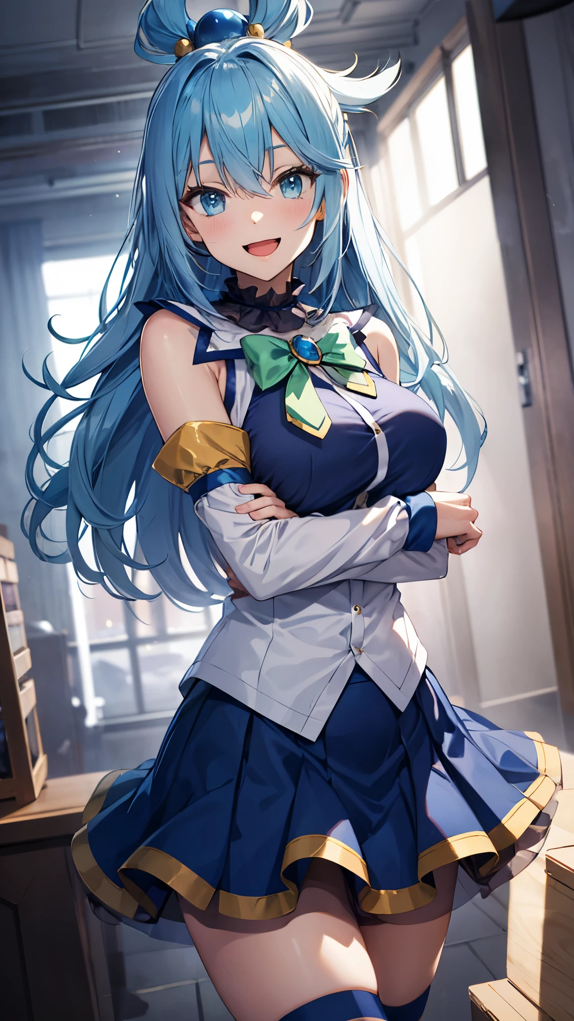 aaaqua,curvy, long hair, blue hair, hair rings, hair ornament, choker, bare shoulders, green bow, blue shirt,(underbust), detached sleeves, blue skirt, thighhighs,smile,open mouth,masterpiece,Noise Reduction,perfect anatomy,high resolution, ultra-detailed,game cg,dutch angle ,beautiful detailed eyes,visualart,five fingers, perfect hands, perfect lighting,