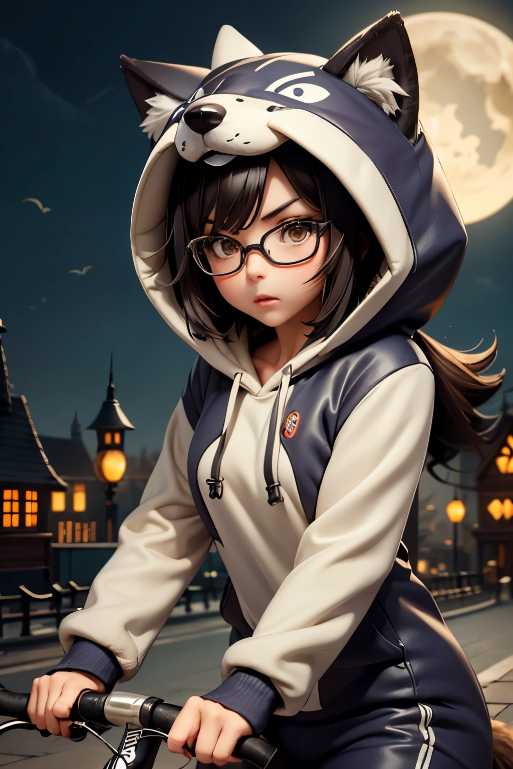 (Highest quality:1.2)。One Woman。Beautiful woman。Brunette short bob。Glasses。Angry expression。(Wearing a hooded wolf costume)。((Old Bike)get on)。(Riding hard on a bicycle)。The background is a Halloween town at night。