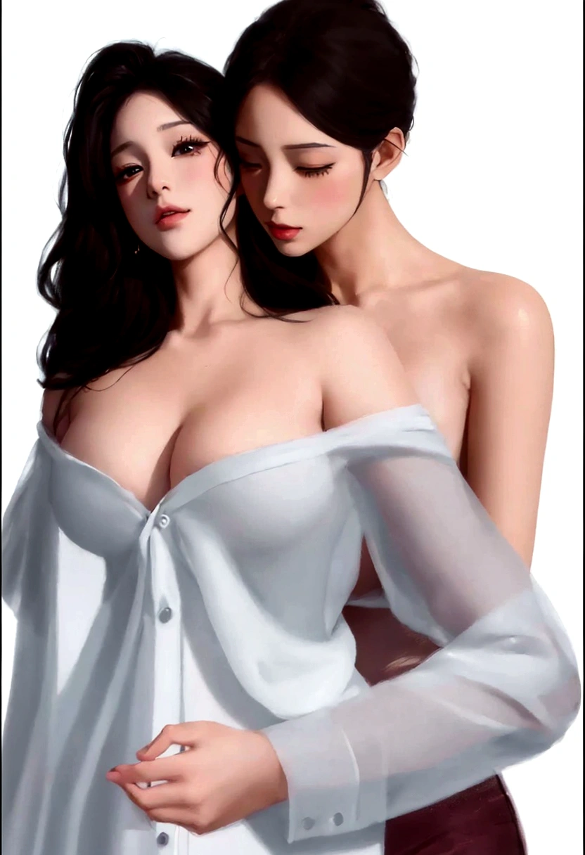 Drawing of two women in white shirts and black pants., Made with Anime Painter Studio., In the art form of the pond, Artwork in the style of gouache, Couple pose, [ digital art 4k ]!!, digital anime illustration, Realistic art style, Drawing in Anime Painter Studio, Realistic art style, Digital Cartoon Art, Realistic anime style, Lesbian Art