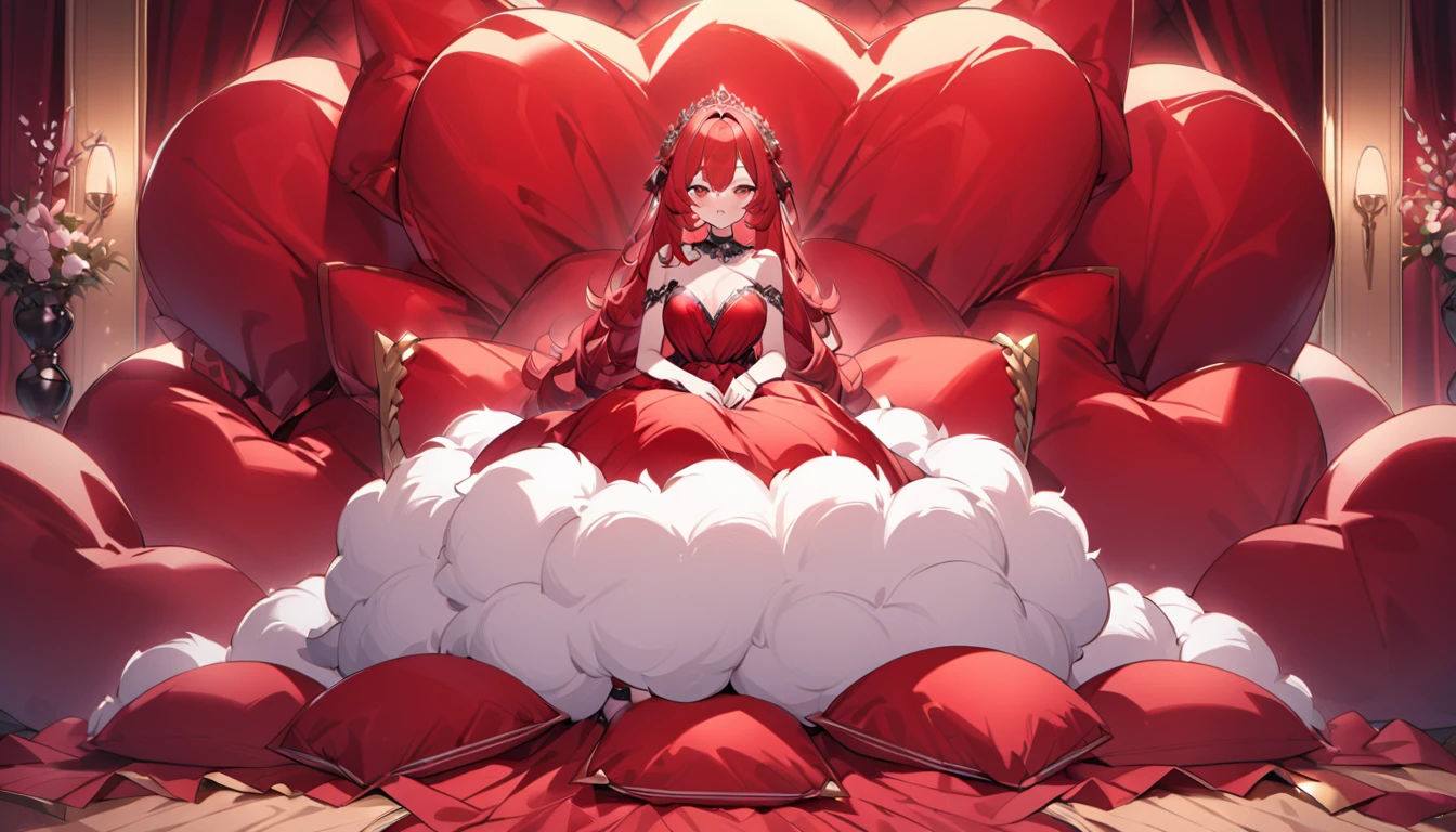 Fluffy red silk duvet、Lots of giant silk pillows、Luxurious fluffy red silk bed、