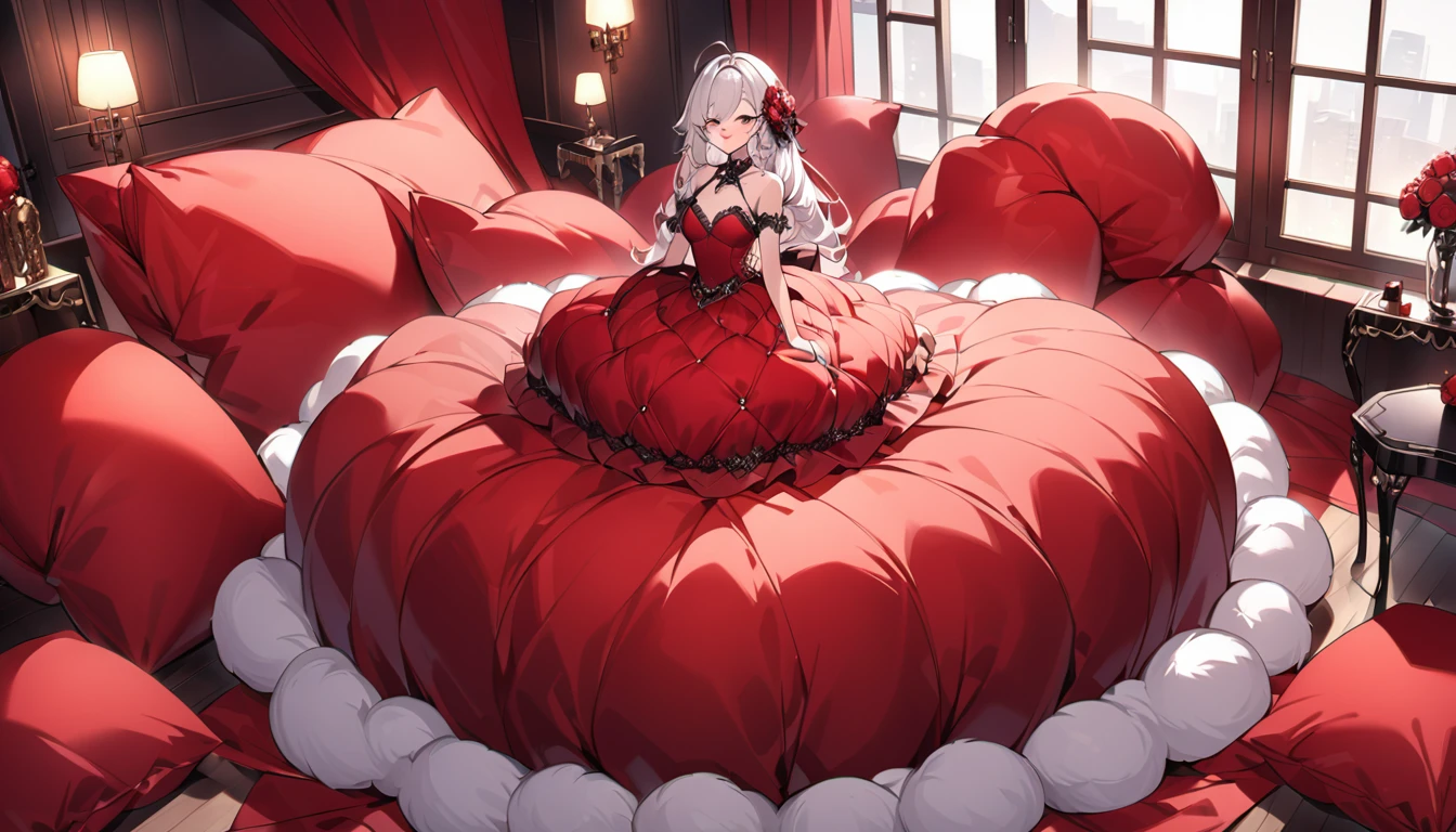 Fluffy red silk duvet、Lots of giant silk pillows、Luxurious fluffy red silk bed、