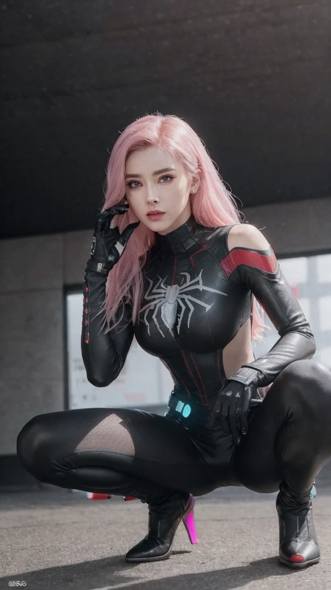 long_Eyelashes, female, slim, Glamorous, Thick_Abs, slim_leg, divided_block it, center_open, Gloves, Boots, squatting, (Wearing the Spider-Girl hero suit:1.3), (dark night:1.3), sagging breasts, sagging breasts, (very detailed: 1.2), (Canon EOS R6 Best Quality: 1.2), (8 thousand: 1.0), (EMB-RRF-Low: 1.0), (A large black tattoo on a cybernetic head opens in the middle to reveal the inside.., detailed face, High tech with highly detailed eyes and holographic display., sharp focus (award photo: 1.2), (underground spawning: 1.2), (underground spawning: 1.2). 1.1) (Beautiful and highly detailed cyborg: 1.2), ( highly detailed hair: 1.2), (nice body: 1.2), (whole body: 1.2), (dynamic stance :1.2), neon glow, (Detailed cybernetic eyes:1.1), enlargement (hyperrealism:1.2), RPG, cyberpunk 2077 style, dramatic lighting, (very detailed futuristic cityscape:1.2), (science fiction: 1.2), professional figure, pink hair,