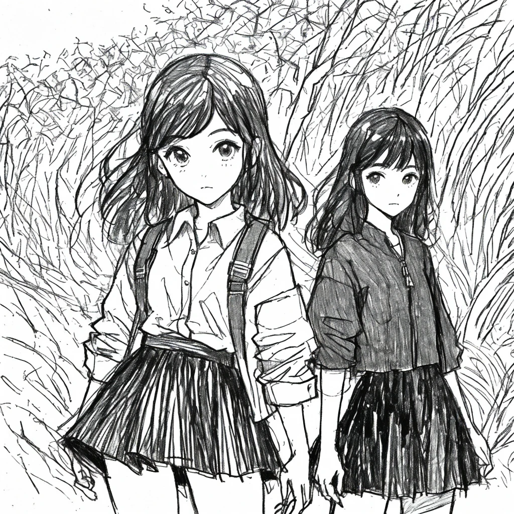 One Girl,Line art,Monochrome,sketch,Pencil drawing,Traditional Media,One Girl, skirt,Cute age Girls, ,Beautiful portrait、Delicate body、Black Hair、Black Hair,landscape,Black and White