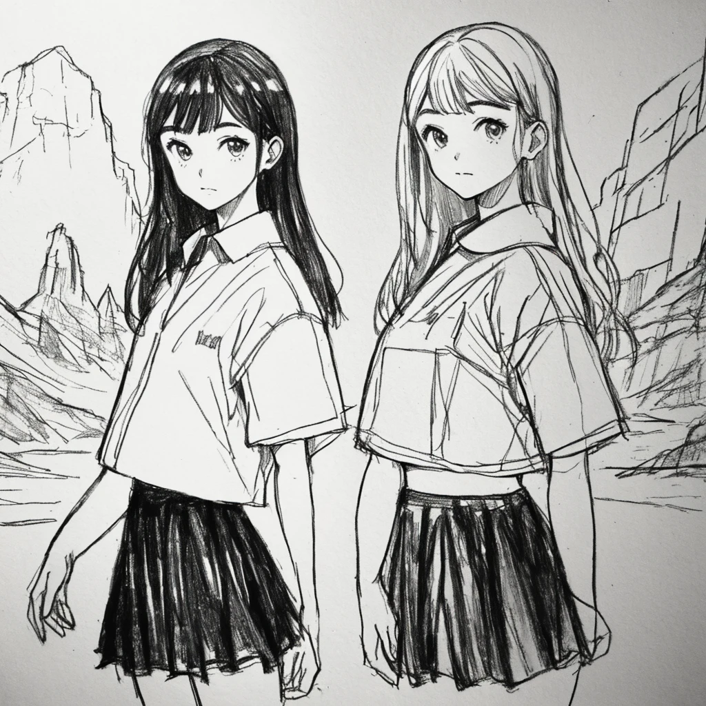 One Girl,Line art,Monochrome,sketch,Pencil drawing,Traditional Media,One Girl, skirt,Cute Teenage Girls, ,Beautiful portrait、Delicate body、Black Hair、Black Hair,landscape,Black and White