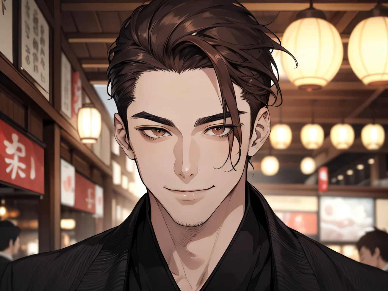 hair slicked back,masterpiece,Dynamic Angle,Face close-up,Angle from below,male, (29-year-old),(male1 person)、Izakaya shop owner,alone,Adult,A gentle smile,Excited,Brown Hair,(Droopy eyes),Lewd Eyes,Black suit,kimono,,smile,Izakaya,night