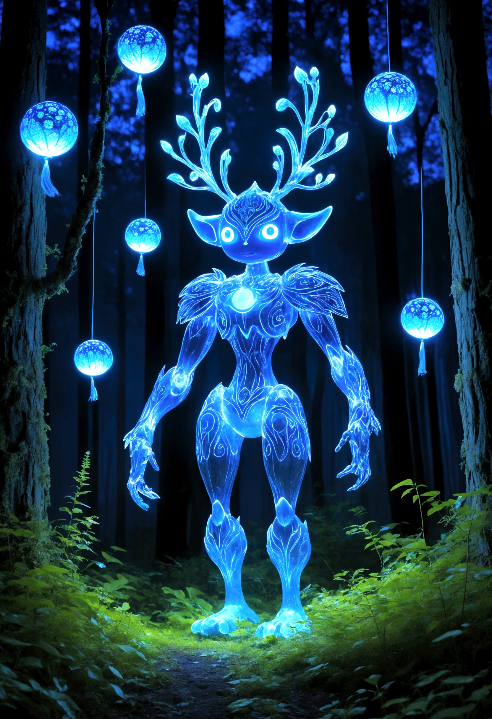 At night, the Forest Spirit transforms into the Night Walker or Daidarabotchi, a towering, translucent, and more abstract figure that glows with a blue light. In this form, the spirit's steps cause the vegetation to grow and wilt, highlighting its role as a giver and taker of life. Glowing floating flowery balls represent the essence of the forest