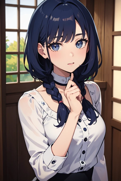 (highest resolution, distinct_image) Best quality, single person, one woman, solo, masterpiece, highly detailed, semi realistic, short hair, blue hair, bangs, white braid in hair, light grey eyes eyes, 23 years old, mature, fashionable clothes, cute clothes, indoor background, goofy personality, gyaru personality, main character, cheeky expression, exquisite facial features, exquisite facial features