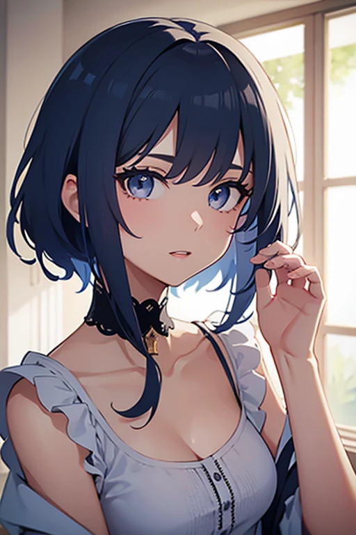 (highest resolution, distinct_image) Best quality, single person, one woman, solo, masterpiece, highly detailed, semi realistic, short hair, blue hair, bangs, white braid in hair, light grey eyes eyes, 23 years old, mature, fashionable clothes, cute clothes, indoor background, goofy personality, gyaru personality, main character, cheeky expression, exquisite facial features, exquisite facial features