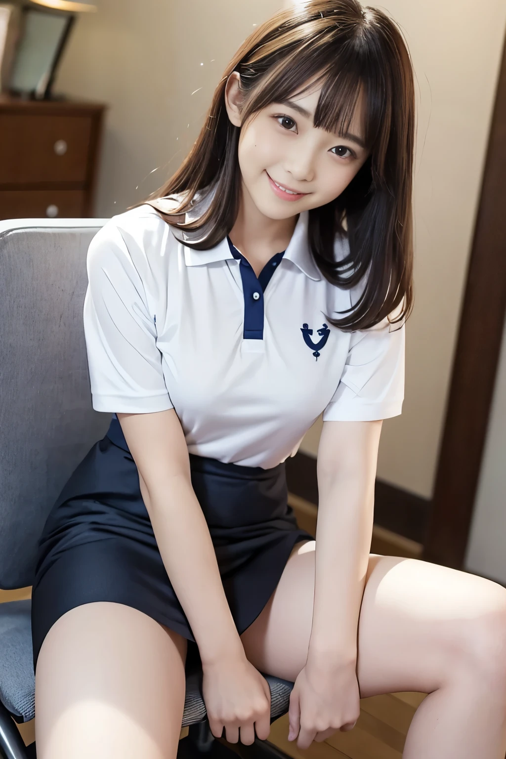 Japanese、high school student、Beauty、Facing forward、Kind eyes、Smiling Kindly、He is wearing a long navy blue short-sleeved polo shirt、She is wearing a tight grey itting in a chair、Hands outstretched、((Her white underwear is visible between her skirt and legs.))、(Wearing white panties)、She is facing the camera with both knees together.、