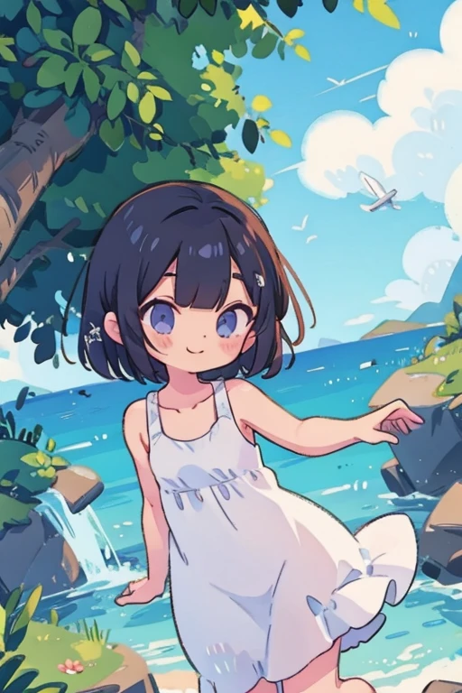 White Tank Top Dress。girl。smile。Black Hair。Bob。front。Seaside。