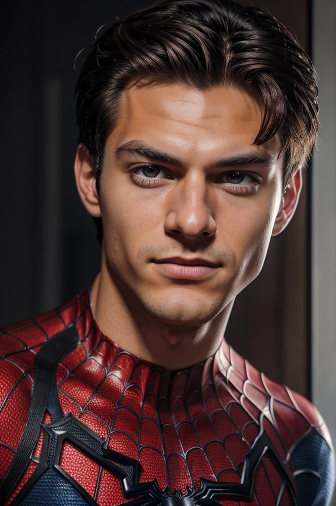 A photograph of spider man, no mask, 20 yo, handsome, detailed face, looking at camera, portrait, 8k uhd, high quality