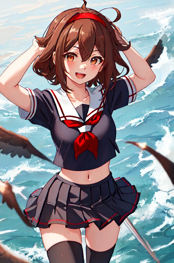 Highest quality, masterpiece, High resolution, 一人in, {shirinsuyu_Kantai Collection:1.15}, brown_hair, brown_eye, hairband, red_hairband, smile, hair_flap, length_hair, red面, Seraphim, Open_mouth, short_hair, hair_between_eye, chest, One Girl, black_Seraphim, black_skirt, Looking_in_audience, neckerchief, pleined_skirt, red_neckerchief, Sailor_collar, School_uniform, short_sleeve, skirt, black_Knee socks, collarbone, Knee socks