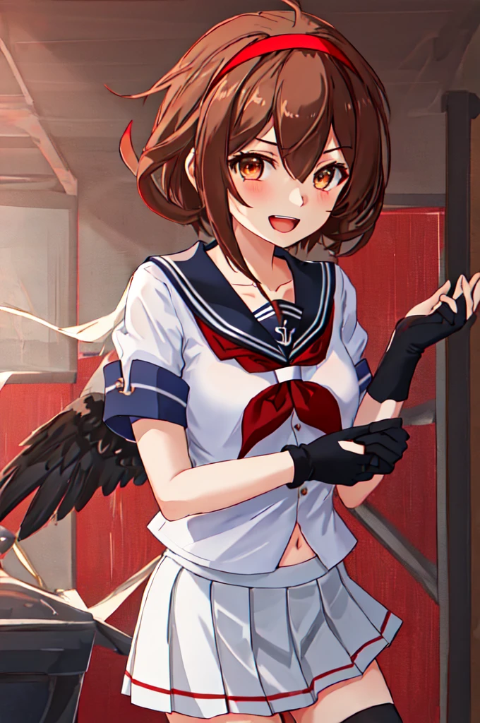 Highest quality, masterpiece, High resolution, 一人in, {shirinsuyu_Kantai Collection:1.15}, brown_hair, brown_eye, hairband, red_hairband, smile, hair_flap, length_hair, red面, Seraphim, Open_mouth, short_hair, hair_between_eye, chest, One Girl, black_Seraphim, black_skirt, Looking_in_audience, neckerchief, pleined_skirt, red_neckerchief, Sailor_collar, School_uniform, short_sleeve, skirt, black_Knee socks, collarbone, Knee socks