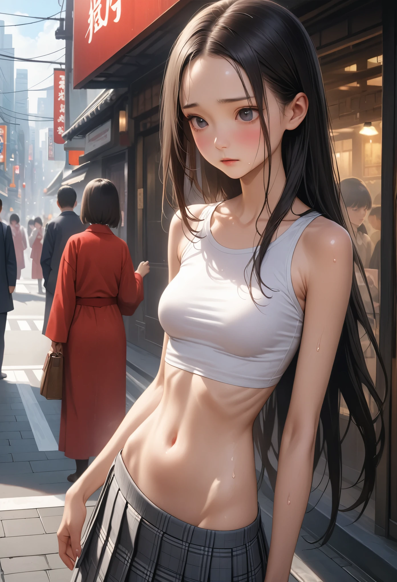 ((masterpiece,Highest quality:1.3,best illustration,realistic)),1woman、独奏,20 year old Japanese beauty,((very small head:1.3)),center parted bangs,forehead,black hair,long hair,black eyes,gorgeous eyes,blush,shy,medium breasts,((very long body:1.3)),((toned body,slender body,skinny)),gleaming skin,shiny skin,oily skin,sweat,(white long sleeve t-shirt、Grey plaid pleated mini skirt),on street,Tokyo、