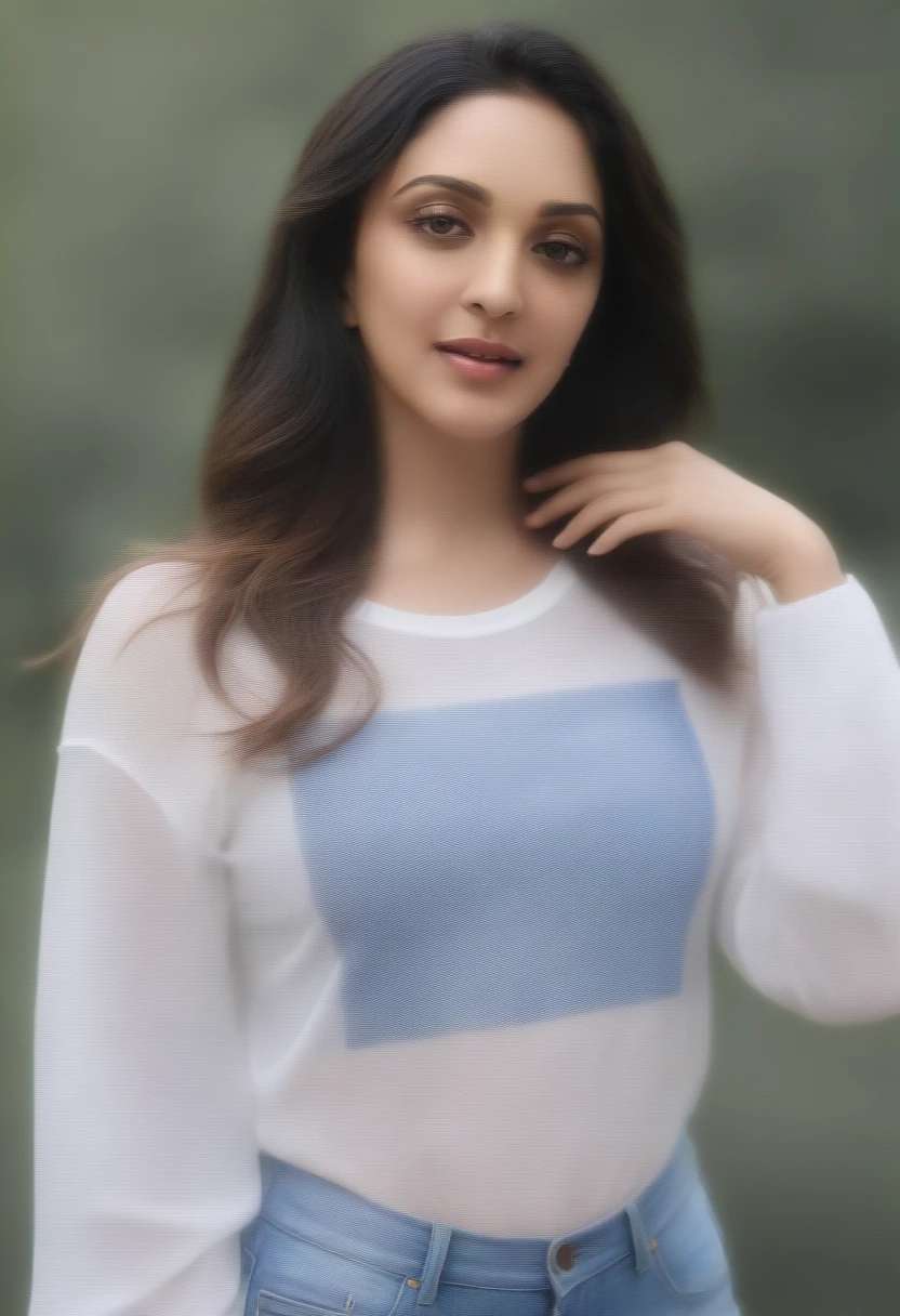 ((best quality)), ((masterpiece)), (detailed), (kiara advani ) , wearing long sleeves white printed t-shirt and blue jeans , in garden 