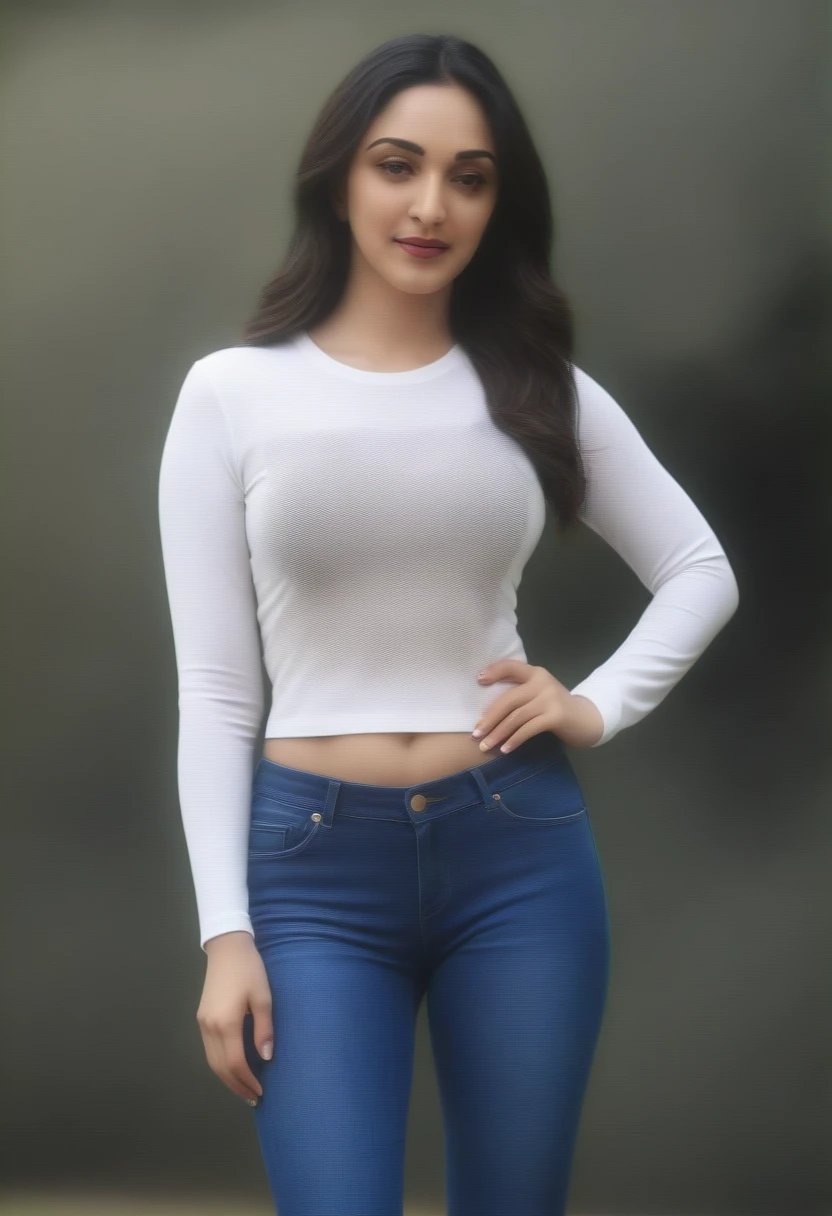 ((best quality)), ((masterpiece)), (detailed), (kiara advani ) , wearing long sleeves white printed t-shirt and blue jeans , in garden