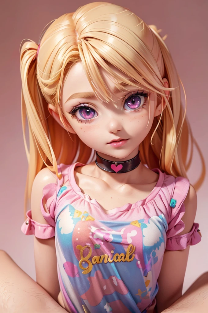 hyperrealistic 14 year old american teen, blonde, little, perfect tiny body, sexy, dark makeup, small choker, perfect slim face, big red lips, very cute face, tiny body, big eyes, young looking, childish looking, clear transparent pijama