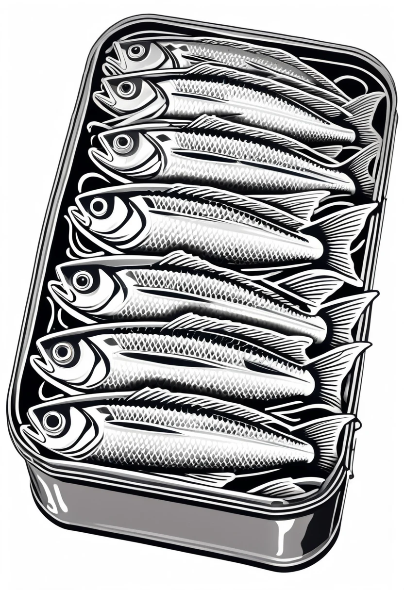 Filleted sardines in their tin tattoo, one colour, japanese yakuza style. isometric view.