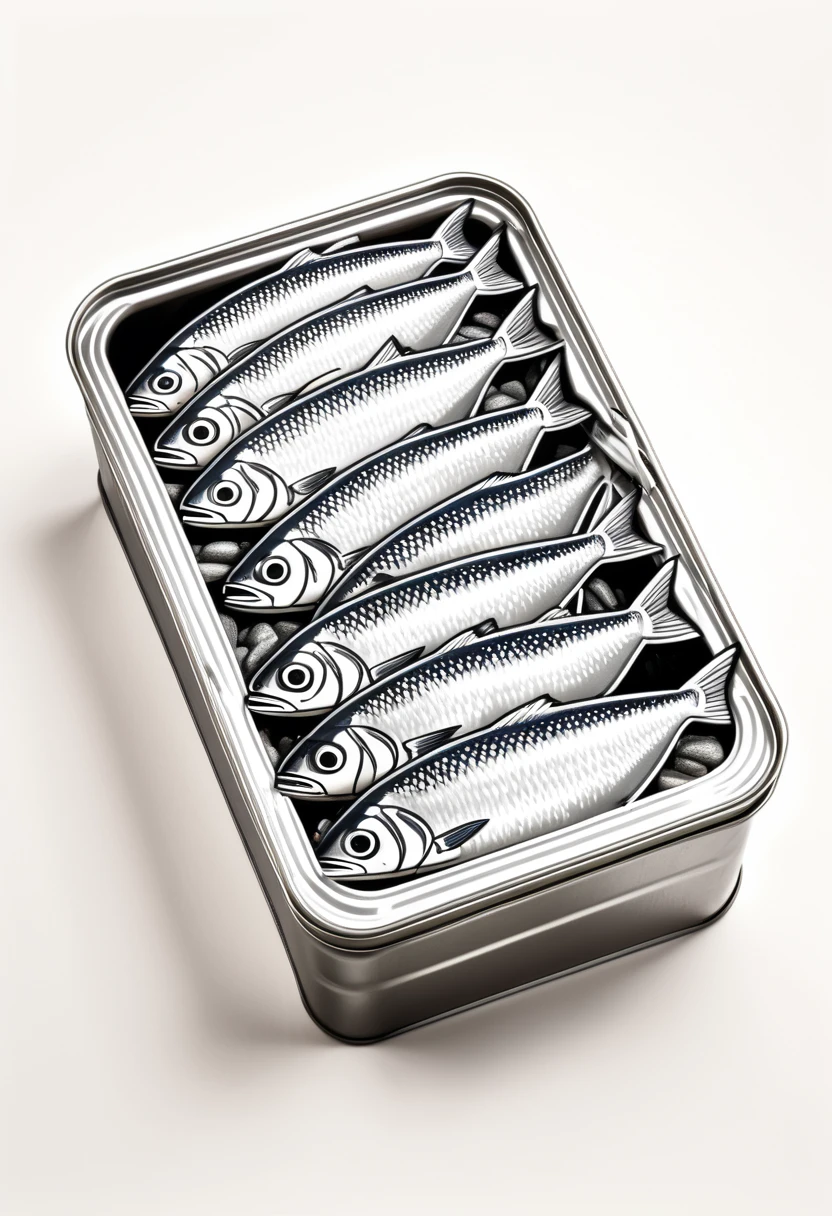 Filleted sardines in their tin tattoo, one colour, japanese yakuza style. isometric view.