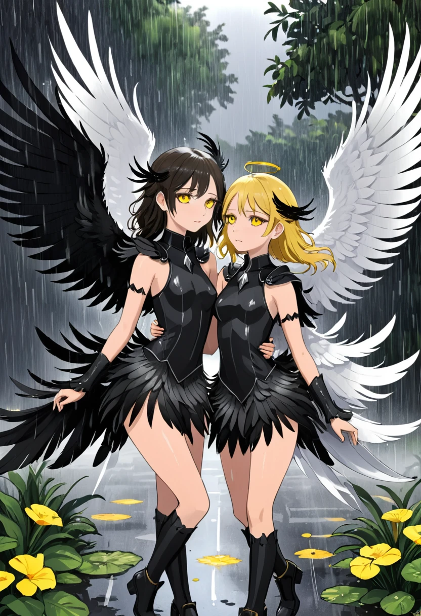 2girls,black feathers,black wings,feathered wings,feathers,multiple girls,rain,white wings,wings,yellow eyes