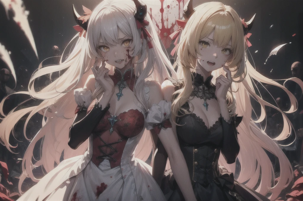 Delicate features,disaster々new devil horns,Frowning, 狂気の笑face, 最上級の笑face, Eyelids very wide open, Crazy Smile, mouth very wide open, Mouth open and teeth bared, wide lips, Very wide mouth, Frowning, Vermilion-tinted cheeks, Blonde Hair, Princess Cut, Ribbon hair ornament, brooch, Shiny candy blue dress, Gold embroidery,ta Style, Gothic style, Facing the audience, Otaku Room, Well-built body, Nice body, Ample breasts, Fleshy body,With eyes wide open、Scary atmosphere、Distorted facial expressions、ねじれた笑face、Bloody、Bleeding from the head、Blood splatter、whole body、Long Hair、Long bangs、(((Dark circles under the eyes)))、Pale skin、Feeling unwell、Pathological、邪悪な笑face、Crazy Eyes、(Grin)Dramatic makeup,Create mixed media art、Full body depiction on screen,whole body図,Well-built,Nice body,Shoulders wider,focus on,(face),Messy Hair,Yellow Eyes,(Glowing Eyes),(Blood splatter:1.6),Red light,笑face,big 笑face,tooth,psycho 笑face,gesugao,Dark city background,darkness,night,(close),Good Eyes, good teeth,サディスティックな笑face,,all,Shiny skin,詳細なface,Beautiful body,アwhole body油まみれで光沢感がある whole bodyから湯気が出ている Steam like a sauna room fills the entire screen. White breath from the mouth