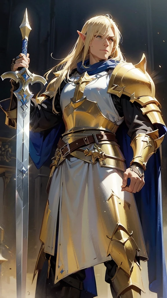a close up of a person with a sword and a shield, concept art by senior character artist, pixiv, fantasy art, a human male paladin, with large sword, from pathfinder, male paladin, cleric, elf knight, with leviathan axe, gold paladin, final fantasy tactics character, fantasy knight, fantasy paladin, brandishing halberd
