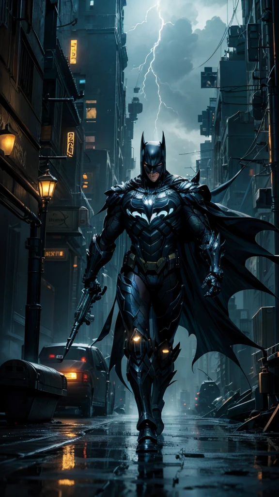 Masterpiece, best quality, NVIDIA RTX, sharp picture, cinematic lightning, hi-tech futuristic batman, perfect face, proportional body, facial hair, luminous mecha-armor:1.3, glowing mecha armor:1.3, cape blown by strong winds:1.3, on top of the bulding, full body, epic lights reflection, night, dark alley, fogs, gotham, from above