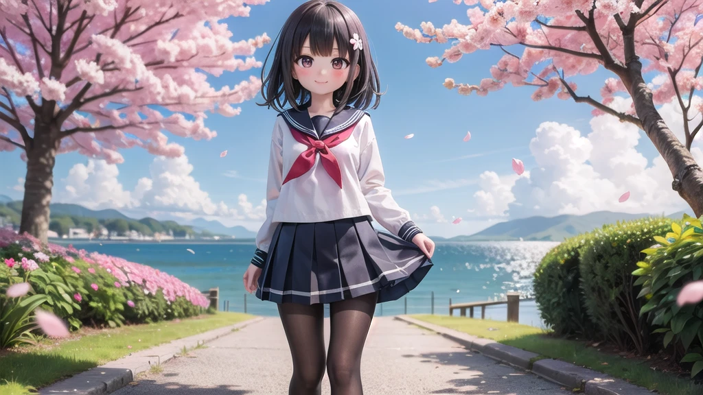 (masterpiece),  Outdoor,  cherry blossoms,  petal,  sunlight,  lake,  One Girl,  blush,  smile,  Medium Hair,  Sailor suit,Long skirt, Overgrown, petal, plant、Skirt lining、White slip、nostalgic、pantyhose（gray）、You can see the sea in the distance, Crotch close-up